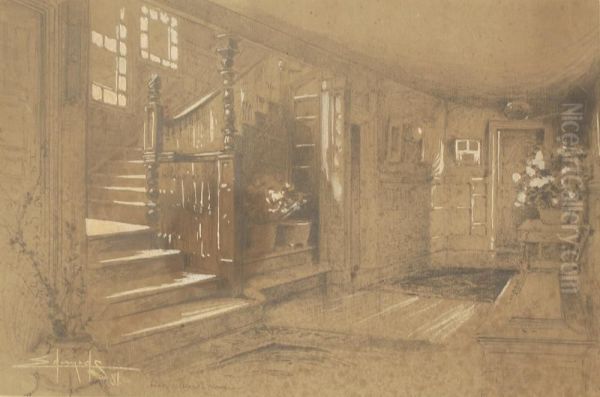 Hall And Stairway Of The Samuel Gray Ward House, Lenox, Ma. Signed And Dated Lower Left Edwards. Oil Painting by George Wharton Edwards