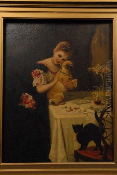 The Tea Party, Lady With Pug And Black Cat Oil Painting by Mary Ellen Freer Edwards