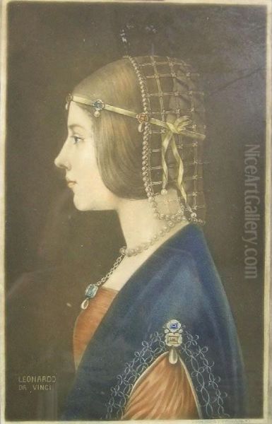 Mezzotint With Printedcolour Of Leonardo Da Vinci's 'beatrice D'este Oil Painting by Samuel Arlent Edwards