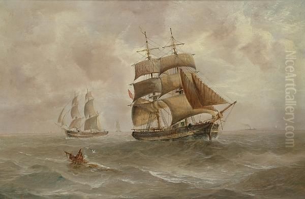 Merchantmen In A Choppy Sea, A Steam Vessel On The Horizon Oil Painting by T. Edwards