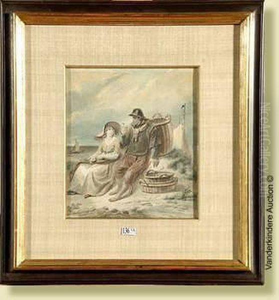 Couplede Pecheurs, Aquarelle Sur Papier. Signee En Bas A Droite J.j.eeckhout. Traces De Date. Ecole Belge. Dim.:27x23cm Oil Painting by Jacobus Josephus Eeckhout