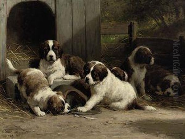 Saint-bernard Puppies Oil Painting by Otto Eerelman