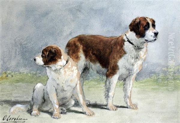 Two St Bernard Dogs Oil Painting by Otto Eerelman