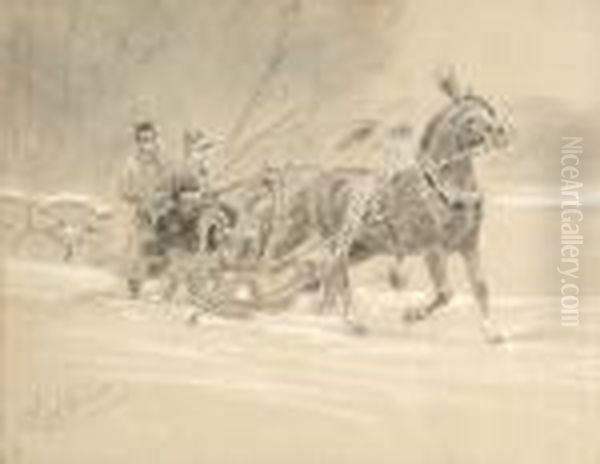 Lady On A Horse-drawn Sledge Oil Painting by Otto Eerelman