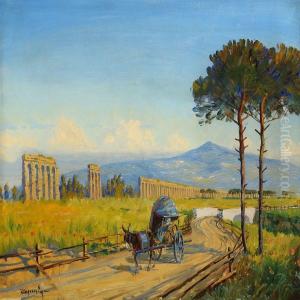 Scenery With Aqueduct And Donkey Cart On A Gravel Road Oil Painting by Mogens Ege