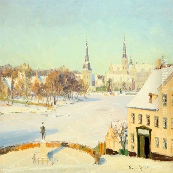 Wintry Scenery Fromhillerod With Frederiksborg Castle In The Background Oil Painting by Mogens Ege