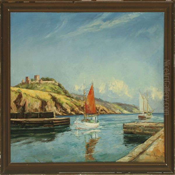 Habour Scenery Frombornholm With Hammershus In The Background Oil Painting by Mogens Ege