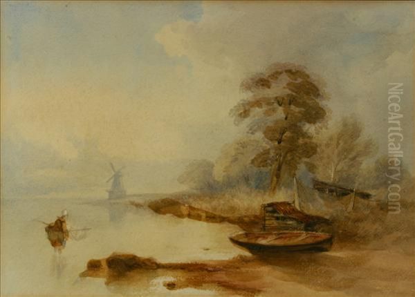 Boats By A Lake, Suffolk Oil Painting by Daniel Thomas Egerton