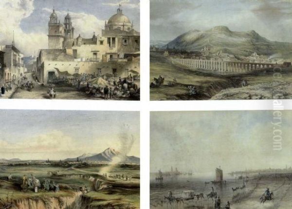 Plaza De San Diego, Ciudad De Guanajuato; Ciudad De Guadalajara; Ciudad De Zacatecas And Veracruz Y El Castillo De San Juan De Ulloa Oil Painting by Daniel Thomas Egerton