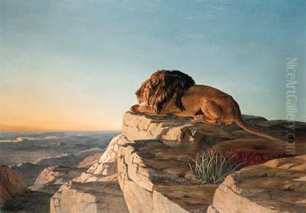 A Lion Looking Over A Valley From A Mountain Oil Painting by Urs Eggenschwiler