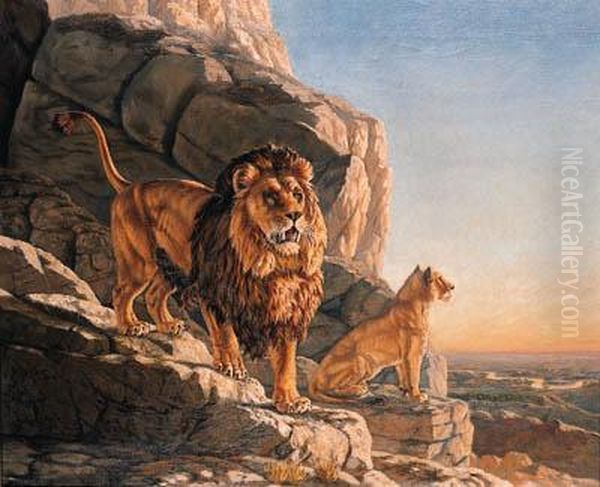 Lion And A Lioness On The Lookout On A Mountain Oil Painting by Urs Eggenschwiler