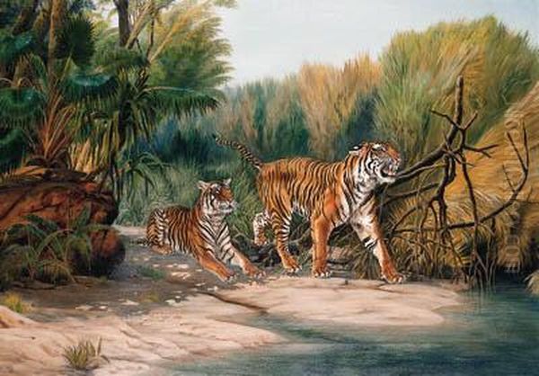 Tigers Emerging From The Jungle Oil Painting by Urs Eggenschwiler