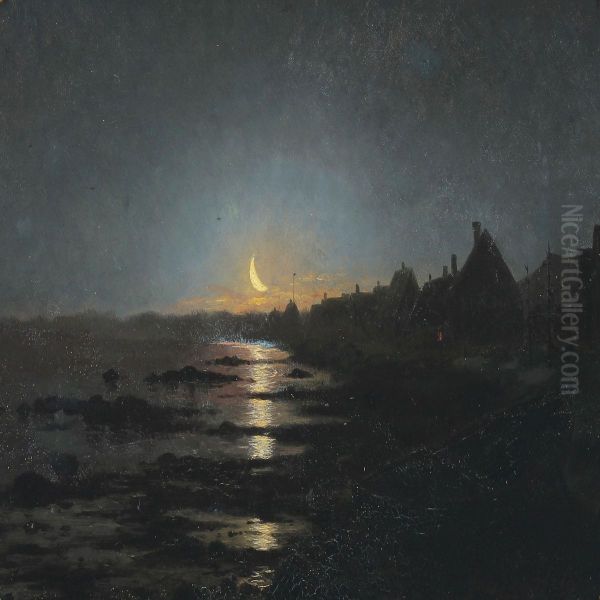 Moon Light Coastel Scenery Oil Painting by Johan Peter Eggers