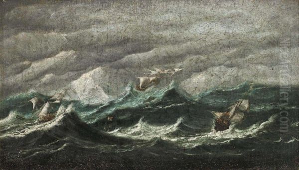 Sailing Vessels In Choppy Waters Oil Painting by Egidius Linnig