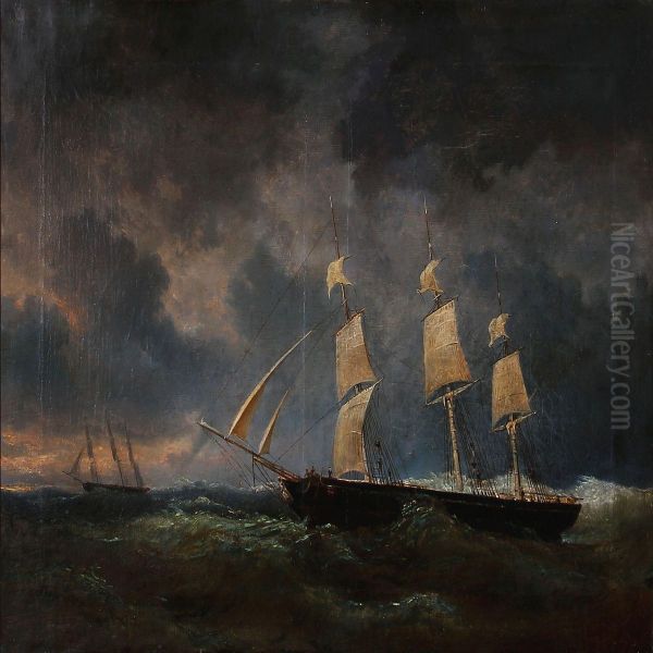 Seascape With Sailing Ships In Rough Sea Oil Painting by Egidius Linnig