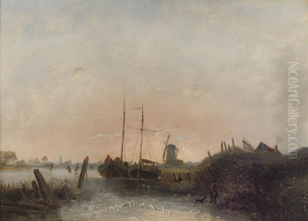 Moored Boats On A Frozen River Oil Painting by Egidius Linnig