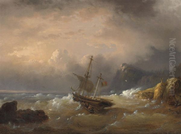 A Sailing Vessel Off A Rocky Coast Oil Painting by Egidius Linnig