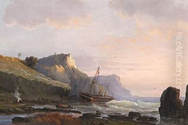 Shipwreck By A Southern Coastal Cliff Oil Painting by Egidius Linnig