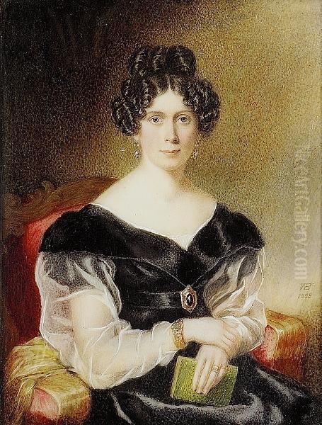 Harriet Thornton (d.1832), Seated In A Red Upholstered Chair, Wearing Black Dress With White Gauze Sleeves And Jewelled Belt Buckle, Bracelet And Drop Earrings Set With Pearls And Turquoise, She Holds A Book, Her Yellow Shawl Over The Arm Of The Chair Oil Painting by William Egley