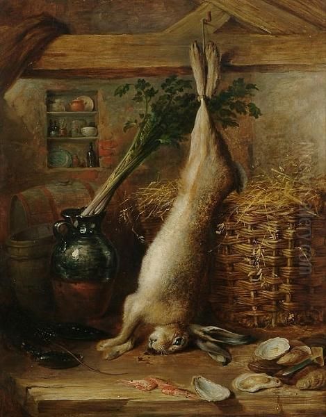 Still Life Of A Hare, Oysters And A Jug Of Celery In A Larder Oil Painting by Samuel Eglington