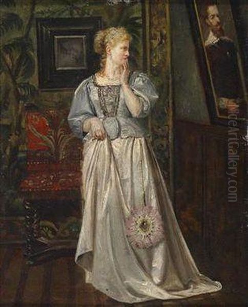 Lady In Ahistoricist Interior Viewing A Painting Oil Painting by Rogelio Egusquiza Y Barrena