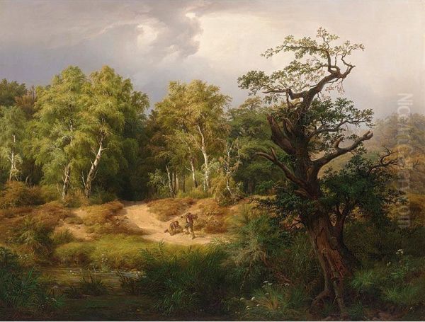 Wood Gatherers In A Forest Clearing Oil Painting by Joseph Friedrich Ehemant