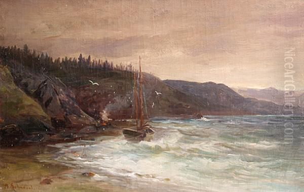 Sailboat Anchored Off The Shore Oil Painting by Ernest Herman Ehlers