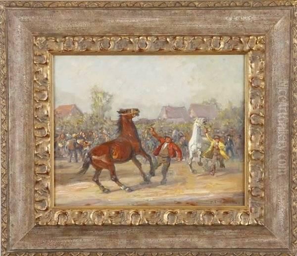 Horses With Trainers And Crowd Oil Painting by Paul Ehrenberg