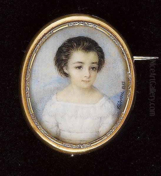 A Child, Wearing White Dress With Lace Collar And Matching Waistsash. Oil Painting by Ferdinand Ehricht