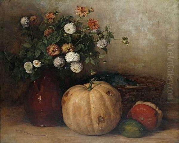 Still Life With Flowers,cucurbits And A Basket. Oil Painting by Ludwig Eibl