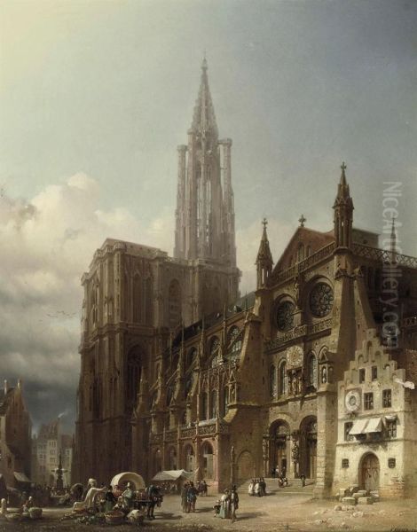 Marketday On The Square In Front Of The Cathedral Ofstrasbourg Oil Painting by Friedrich Eibner