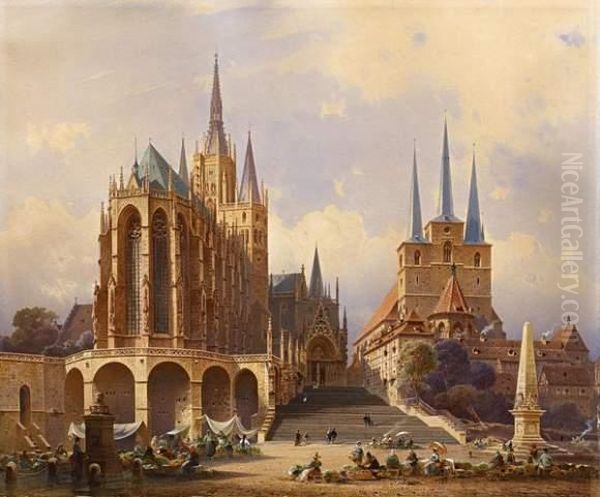 The Cathedral Square With Severi Church In Erfurt Oil Painting by Friedrich Eibner