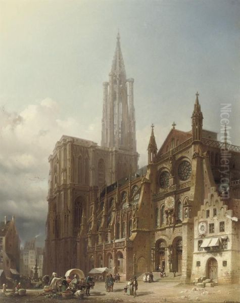 Marketday On The Square In Front Of The Cathedral Of Strasbourg Oil Painting by Friedrich Eibner