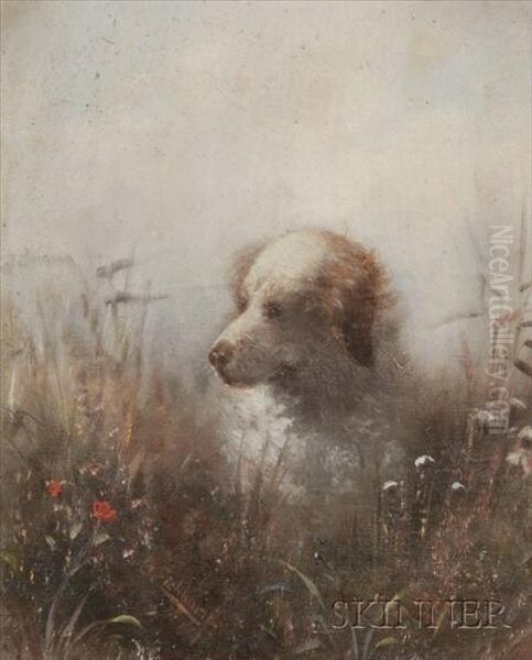 Dog In A Field Of Wild Flowers. Oil Painting by Gustav Eichhorn