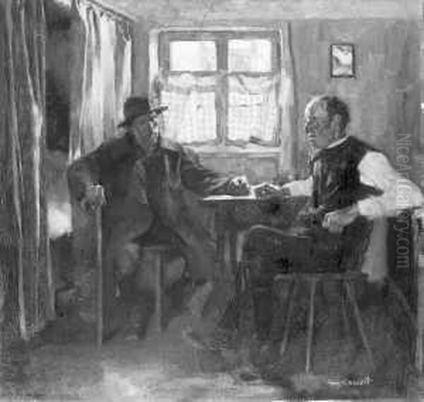 Zwei Manner In Einer Hessischen Bauernstube. Oil Painting by Franz Eichhorst