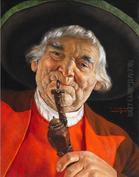 Studies Of Countrymen In Red: Tyrolean Smoking His Pipe Oil Painting by Erwin Eichinger