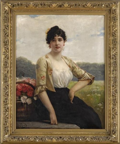 Junge Italienerin Mit Blumenkorb. Oil Painting by Rudolph Eichstaedt