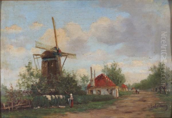 Dutch Village With Windmill Oil Painting by Willem Hendrik Eickelberg