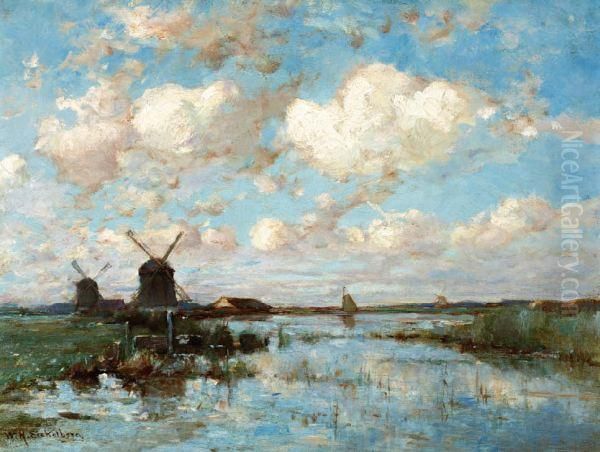 Molens En Zeilboot In Weids Polderlandschap Oil Painting by Willem Hendrik Eickelberg