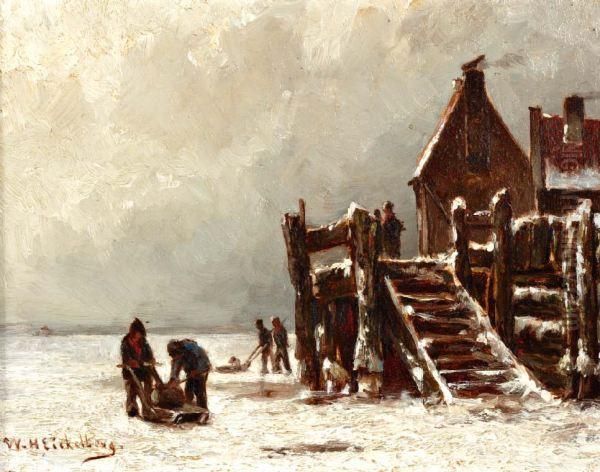 Figuren Bij Huis Aan Een Bevroren Plas Oil Painting by Willem Hendrik Eickelberg