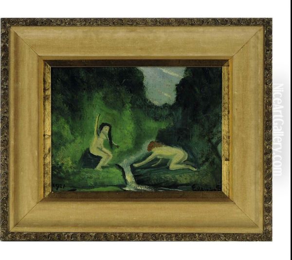 Two Female Nudes By A Stream Oil Painting by Louis Michel Eilshemius