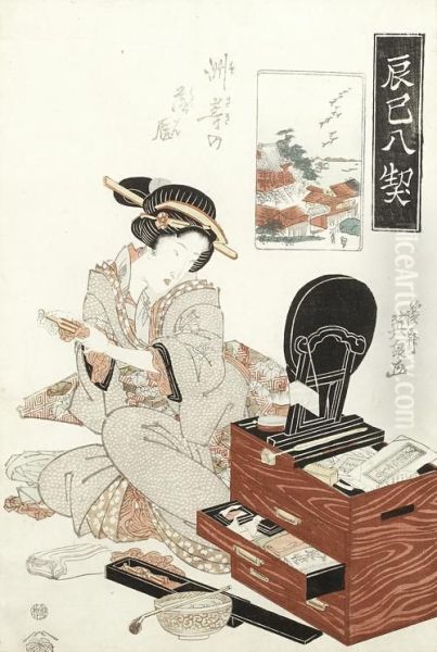 Lady Of Yoshiwara Powdering Her Face Oil Painting by Keisai Eisen