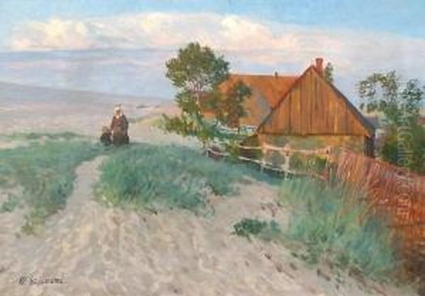 Memellandschaft Mit Altem Bauernhaus In Den Dunen Und Einer Frau, Die Ein Kind An Der Hand Halt Oil Painting by Wilhelm Eisenblatter