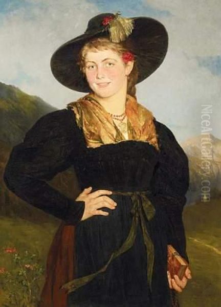 Tirol Lady In Front Of A Vast Alpine Landscape Oil Painting by Richard Eisermann