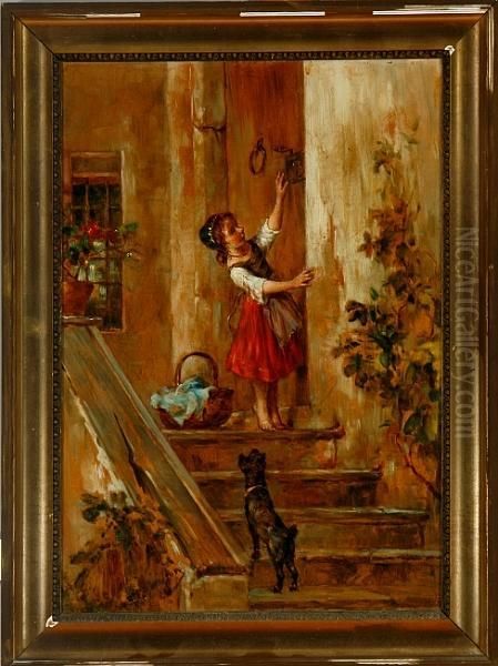 A Little Girl Is Opening The Door Oil Painting by Richard Eisermann