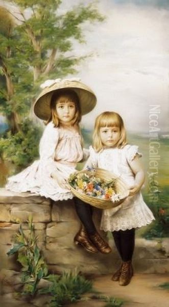 Children With Spring Bucket Of Flowers Oil Painting by Richard Eisermann