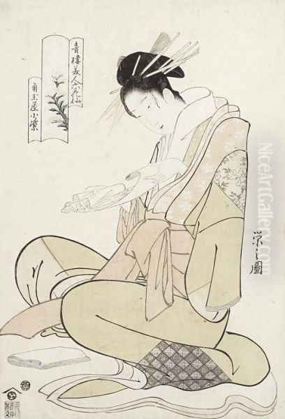 The Courtesan Komurasaki, Kneeling Before A Wad Of Kaishi , Unfurling A Love Letter Oil Painting by Chobunsai Eishi