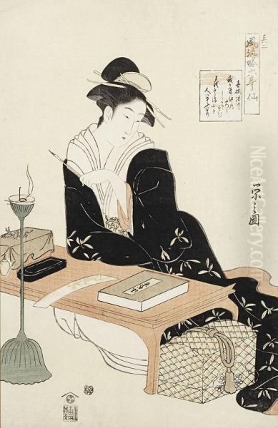 The Wife Of A Samurai Seated And Leaning On A Fumizukue Oil Painting by Chobunsai Eishi