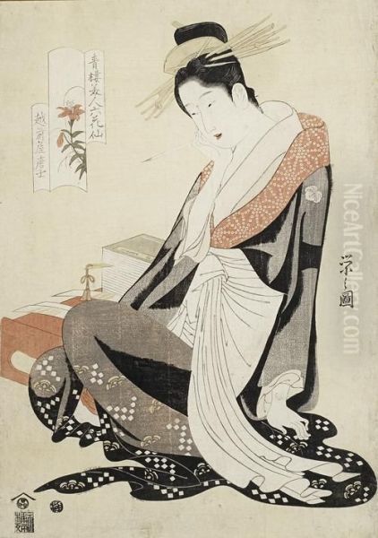 The Courtesan Morokoshi In Nightclothes Seated At A Low Writing Desk With Her Left Hand Supporting Her Body And Right Hand Touching Her Cheek As She Ponders What To Write Oil Painting by Chobunsai Eishi