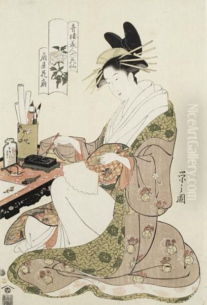 The Courtesan Hanaogi Seated At A Chinese Writing Desk And About To Write A Poem On A Blank Oil Painting by Chobunsai Eishi